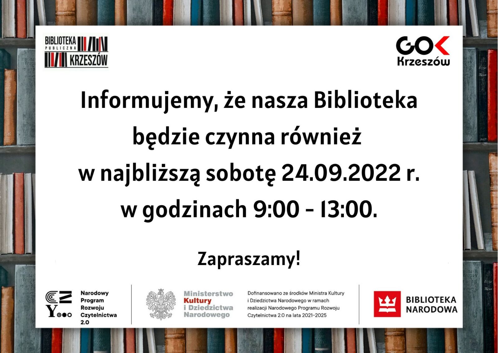Biblioteka czynna w sobotę 24.09.2022 r.