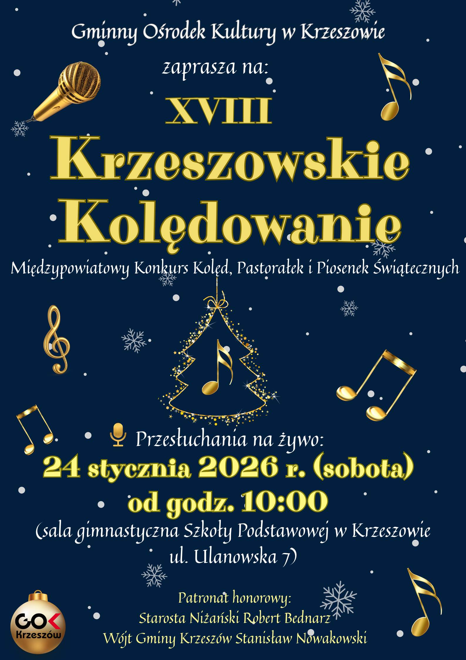 Zapraszamy do udziału w XVIII Konkursie Kolęd, Pastorałek i Piosenek Świątecznych „Krzeszowskie Kolędowanie” 2026