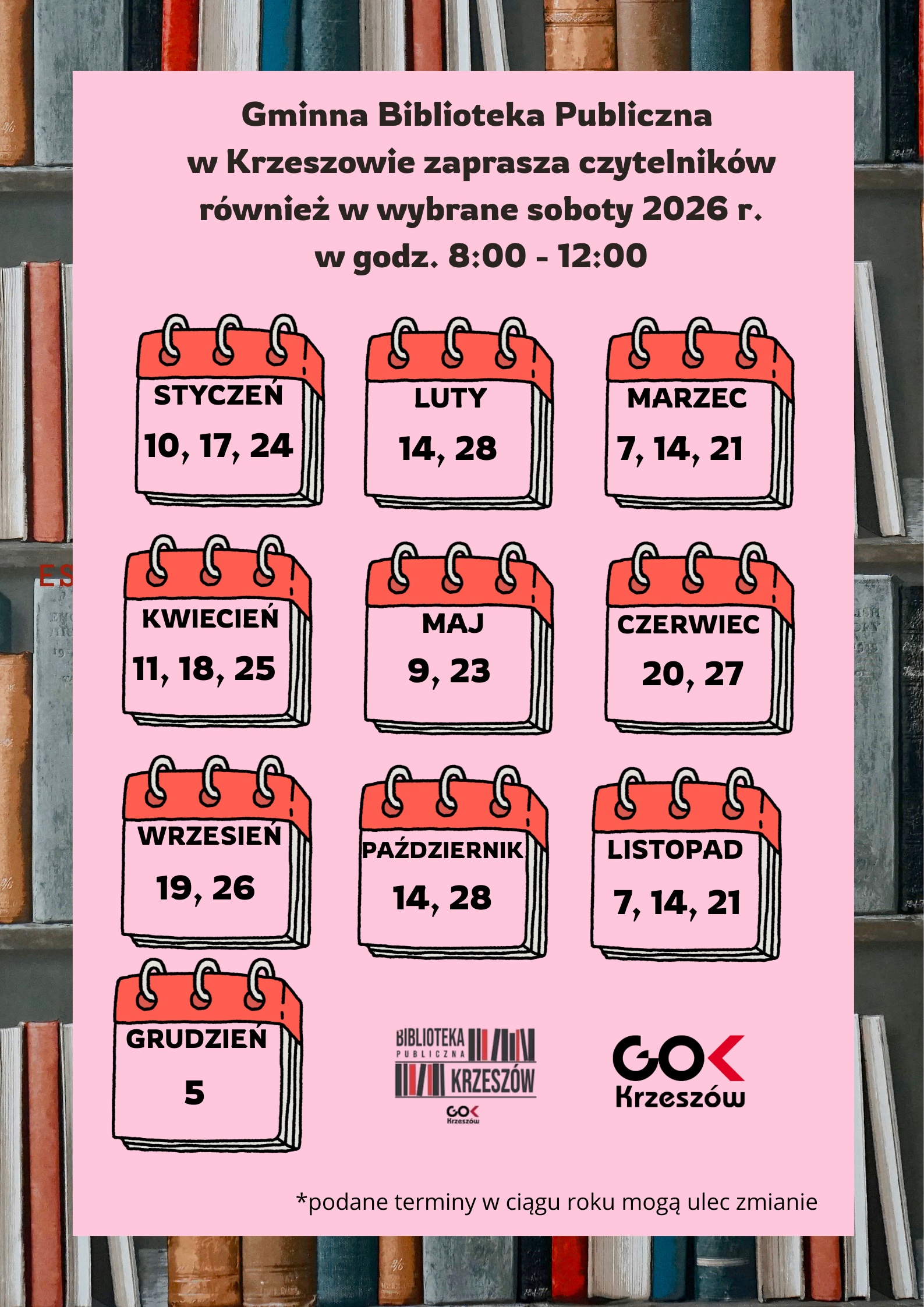 Harmonogram pracy Biblioteki w soboty 2026 r.